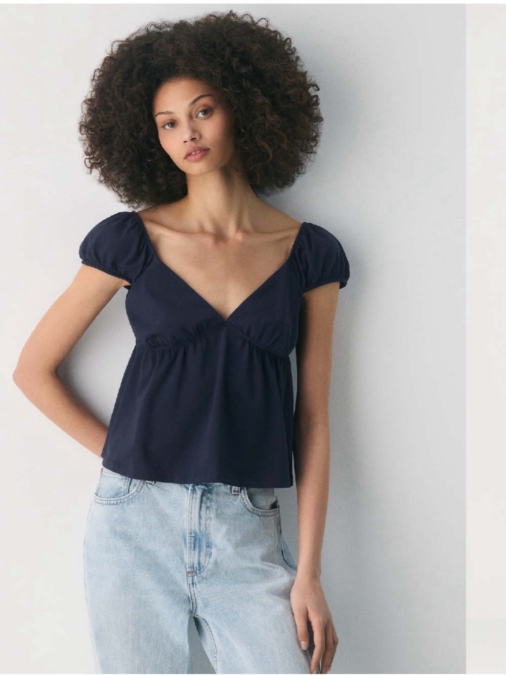 Women's Navy Puff-Sleeve V-Neck Top
